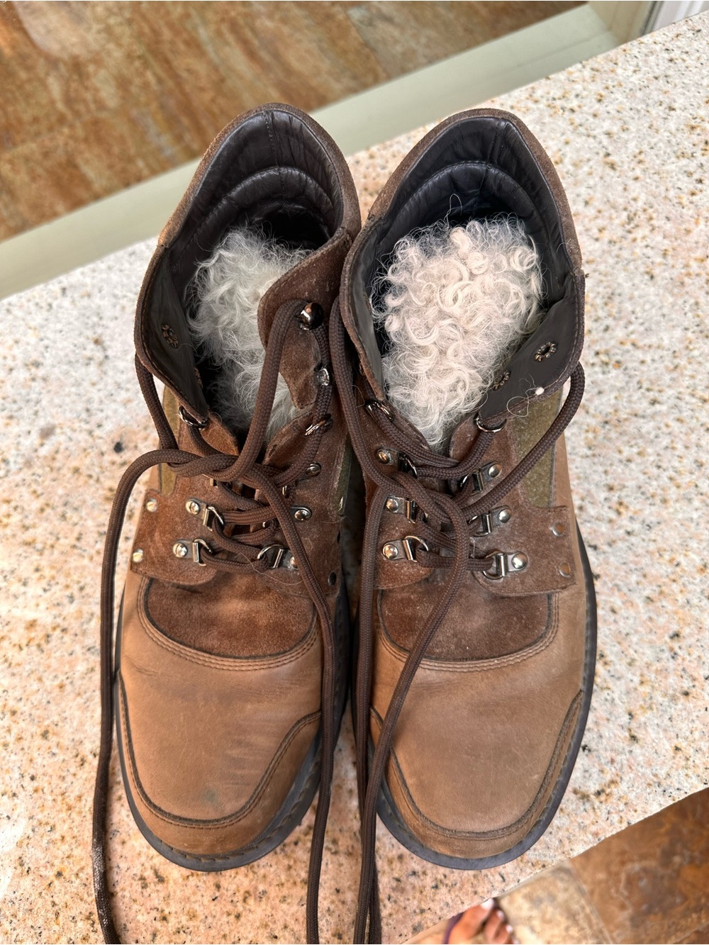 Moncler Men's Brown Leather Lace-Up Hiker Boots with Shearling Collar, Size 44